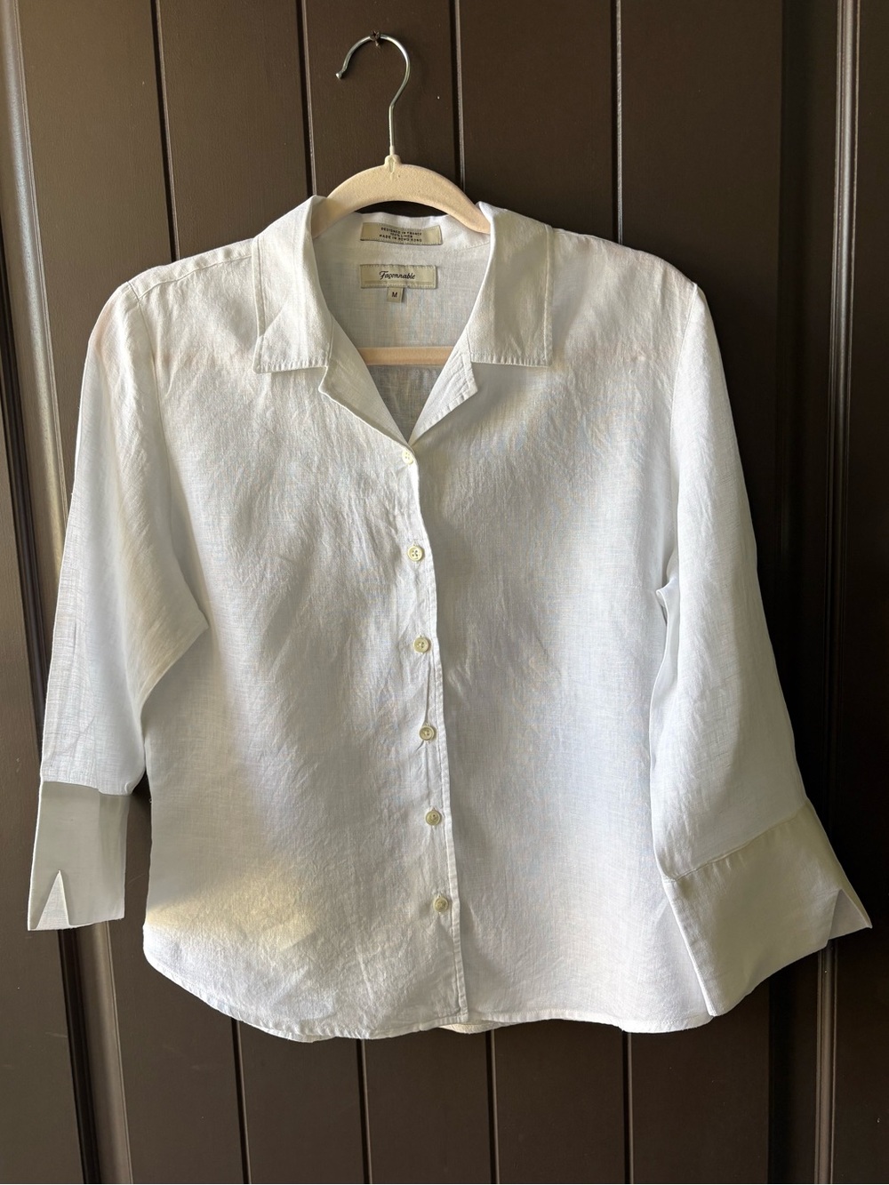 FAÇONNABLE BLOUSE FRENCH 100% LINEN WOMEN M WHITE BUTTON UP 3/4 SL TIE AT WAIST
